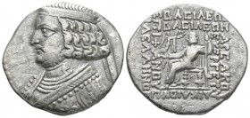 Parthia, Orodes II, 57-38 Seleucia on the Tigris Tetradrachm circa 57-38 BC, AR 31mm., 12.33g. Diademed bust l., neck torque ends in sea horse. Rev. O...