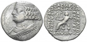 Parthia, Orodes II, 57-38. Seleucia on the Tigris Tetradrachm circa 57-38, AR 28mm., 14.69g. Diademed bust l., neck torque ends in sea horse. Rev. Oro...