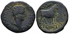 Hispania, Celsa Octavian as Augustus, 27 BC – 14 AD As circa 5-3 BC, Æ 30.3mm., 14.25g. Laureate head r. Rev. Bull standing r., head facing. ACIP 3169...