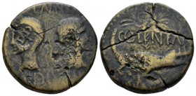 Gallia, Nemausus Augustus, with Agrippa, 27 BC - 14 AD. As circa 16-10, Æ 25.7mm., 11.26g. Back to back heads of Agrippa, l., wearing combined rostral...