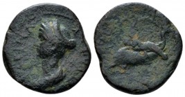 Corinthia, Corinth Sabina, wife of Hadrian Bronze circa, Æ 19.7mm., 5.77g. Draped bust l., wearing stephane. Rev. Melicertes reclining on dolphin, und...