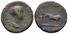 Troas, Ilium Faustina junior, daughter of Antoninus Pius and wife of Marcus Aurelius Bronze circa 149-175, Æ 19.6mm., 4.94g. Draped bust r. Rev. Cult ...