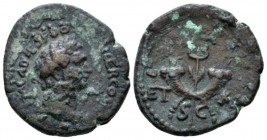 Judaea, Caesarea Maritima Domitian, 81-96 Bronze circa 85-86, Æ 20.8mm., 5.52g. Laureate bust of r., wearing aegis. Rev. Crossed cornucopias over cadu...