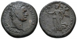 Judaea, Caesarea Maritima Domitian, 81-96 Bronze circa 92-93, Æ 22.9mm., 11.12g. Laureate head r. Rev. Nike advancing l., holding trophy and wreath. R...