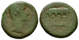 Judaea, Caesarea Panias Herod IV Philip with Augustus. 4 BC-34 AD. Bronze circa 8-9 BC (year 12), Æ 18mm., 6.32g. Laureate head r. Rev. Tetrastyle tem...