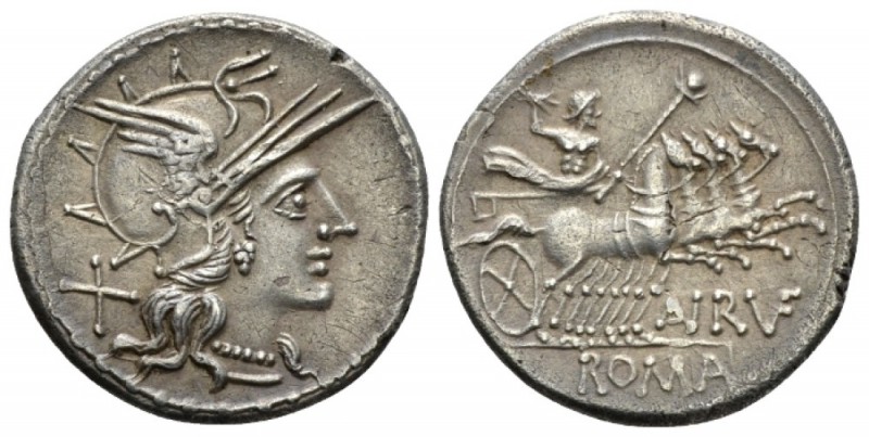 T. Annius Rufus. Denarius 144, AR 20.9mm., 3.74g. Helmeted head of Roma r.; behi...