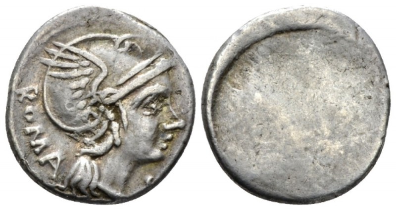 L. Flaminius Chilo. Denarius brockage 109 or 108, AR 18mm., 3.96g. Helmeted head...