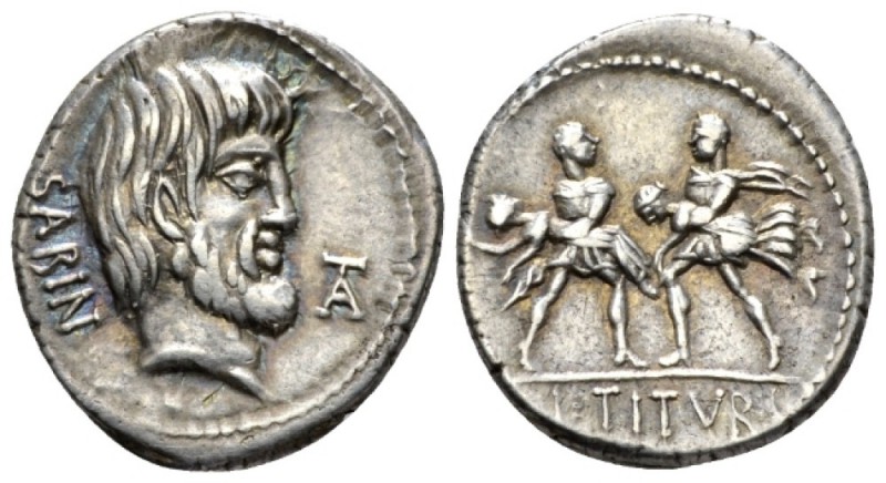 L. Tituri L.f. Sabinus Denarius 89, AR 18.8mm., 3.97g. SABIN Head of King Tatius...