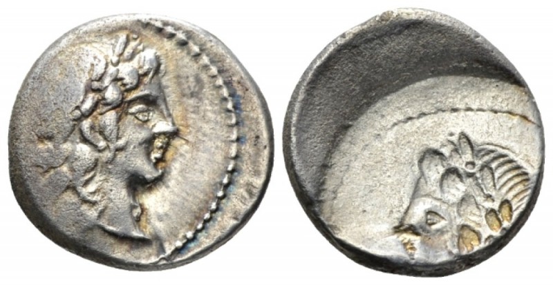 L. Marcius Censorinus. Brockage Denarius 82, AR 16.7mm., 3.78g. Laureate head of...