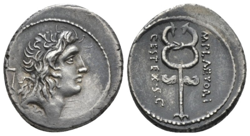 M. Plaetorius M. f. Cestianus. Denarius 69, AR 18mm., 4.03g. Male head r., with ...