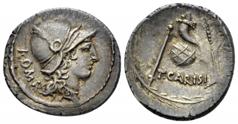 T. Carisius. Denarius 46, AR 19.5mm., 3.95g. Head of Roma r., wearing Attic helm...