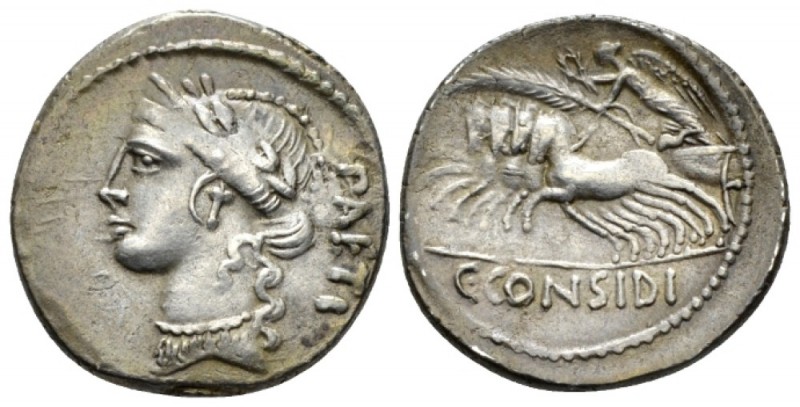 C. Considius Paetus. Denarius 46, AR 19.4mm., 3.83g. PAETI Laureate and diademed...