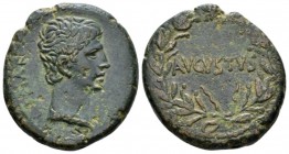 Octavian as Augustus, 27 BC – 14 AD As uncertain mint in Asia circa 25 BC, Æ 26mm., 11.33g. Bare head r. Rev. AVGVSTVS within laurel wreath tied at bo...