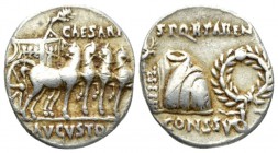 Octavian as Augustus, 27 BC – 14 AD Denarius Colonia Patricia circa 18 BC, AR 18mm., 3.70g. Toga picta over tunica palmata between aquila, on l., and ...