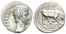 Octavian as Augustus, 27 BC – 14 AD Denarius Lugdunum circa 15-13 BC, AR 18mm., 3.64g. Bare head r. Rev. Bull butting r. C 137. RIC 167a.

Lightly t...