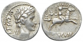 Octavian as Augustus, 27 BC – 14 AD Denarius Lugdunum circa 8 BC, AR 19mm., 3.79g. Laureate head r. Rev. Caius Caesar on horse r, holding reins, sword...