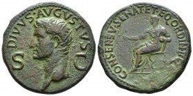 Divus Augustus. Dupondius circa 37-41, Æ 30mm., 14.30g. Radiate head of Augustus l. Rev. Augustus (?), laureate and togate, seated l. on curule chair ...
