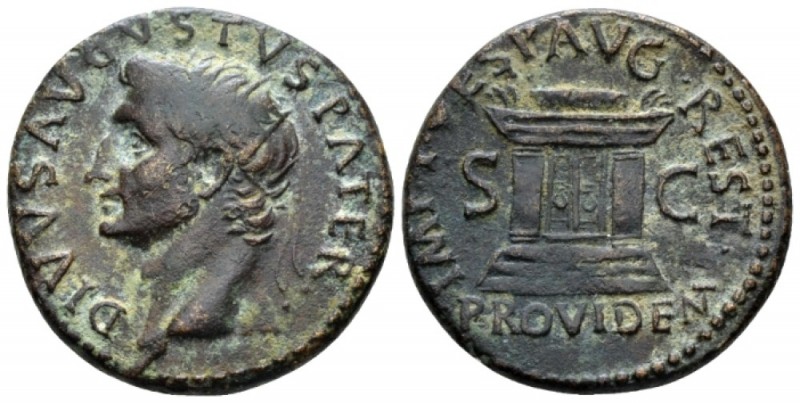 Divus Augustus. Dupondius circa 80-81, Æ 28mm., 11.76g. Radiate head l. Rev. Alt...
