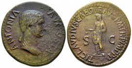 In the name of Antonia, wife of Nero Claudius Drusus Dupondius circa 50-54, Æ 30.5mm., 17.17g. Draped bust r., hair in long plait behind neck. Rev. Cl...