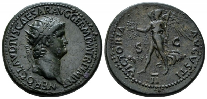 Nero, 54-68 Dupondius circa 64, Æ 31mm., 15.56g. Radiate head r. Rev. Victory wa...