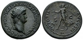 Nero, 54-68 Dupondius circa 64, Æ 31mm., 15.56g. Radiate head r. Rev. Victory walking l., holding wreath and palm branch; below, mark of value. C 348 ...