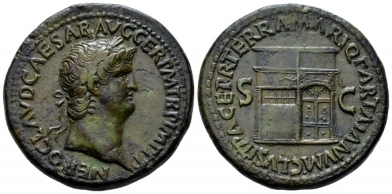 Nero, 54-68 Sestertius circa 65, Æ 35mm., 25.51g. Laureate bust r., wearing aegi...