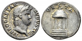 Nero, 54-68 Denarius circa 65-66, AR 18mm., 3.48g. Laureate head r. Rev. Domed hexastyle temple; within which, statue of Vesta seated facing, holding ...