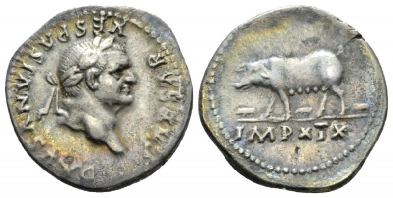 Vespasian, 69-79 Denarius 72-73, AR 19mm., 3.37g. Laureate head r. Rev. Vesta st...