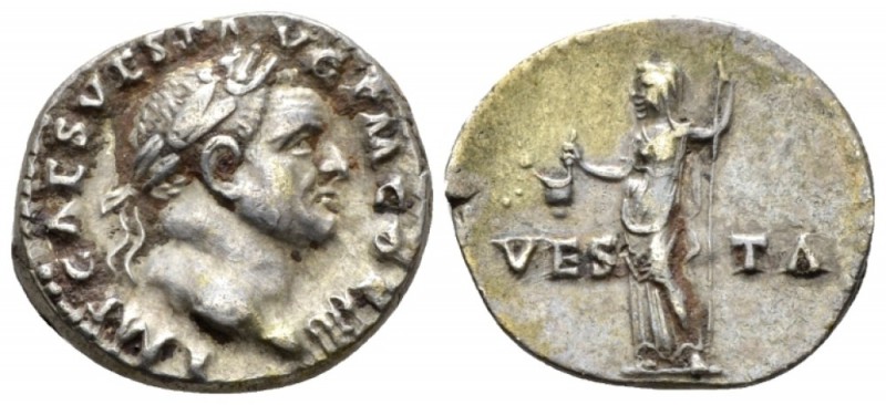 Vespasian, 69-79 Denarius circa 77-78, AR 18mm., 3.12g. Laureate head r. Rev. So...