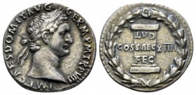 Domitian, 81-96 Denarius circa 88, AR 18mm., 3.15g. Laureate head r. Rev. Inscribed column; all within laurel wreath. C 70. RIC 604. Rare. Old cabinet...