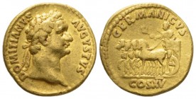 Domitian, 81-96 Aureus circa 90-91, AV 2mm., 7.15g. Laureate head r. Rev. Domitian standing in quadriga l., holding laurel branch in r. hand and scept...