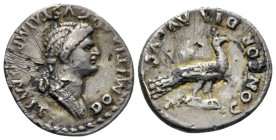 Domitia, wife of Domitian Denarius fouree circa 82-83, AR 18mm., 2.71g. Draped bust r., hair falling in long plait behind neck. Rev. Peacock standing ...