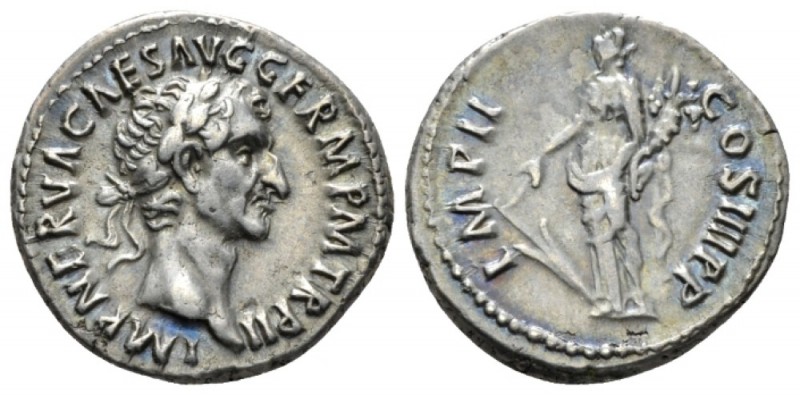 Nerva, 96-98 Denarius circa, AR 18mm., 3.56g. Laureate head r. Rev. Fortuna stan...