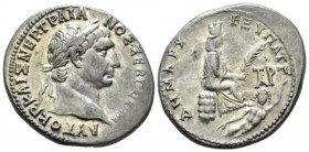 Trajan, 98-117 Tetradrachm Tarsus (Cilicia) circa 100, AR 28mm., 14.56g. Laureate head r. Rev. ΔΗΜΑΡΧ ΕΞ ΥΠΑΤ Γ Tyche seated right on rocks, holding p...