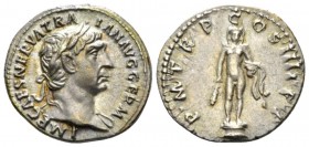 Trajan, 98-117 Denarius circa 101-102, AR 19mm., 3.19g. Laureate head r., drapery on l. shoulder. Rev. Hercules, nude, standing facing on low base, ho...