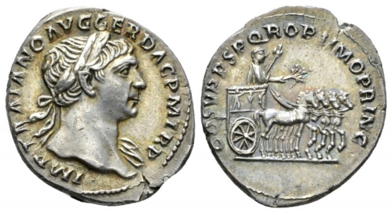 Trajan, 98-117 Denarius circa 107-108, AR 20mm., 3.41g. Laureate bust r., with d...