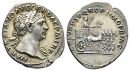 Trajan, 98-117 Denarius circa 107-108, AR 20mm., 3.41g. Laureate bust r., with drapery on l. shoulder. Rev. Trajan in slow quadriga r., holding laurel...