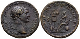 Trajan, 98-117 Sestertius circa 108-109/110, Æ 34mm., 25.93g. Laureate bust r., with drapery on l. shoulder. Rev. Dacia seated l. on shields and arms ...