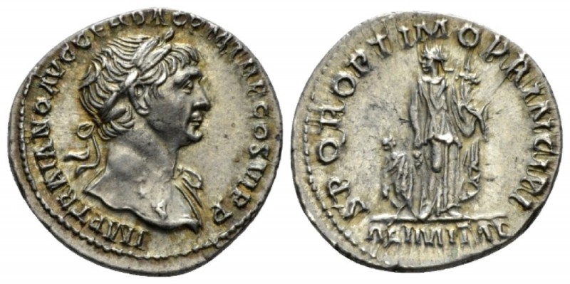 Trajan, 98-117 Denarius circa 112-113, AR 19mm., 3.42g. Laureate bust r. with dr...