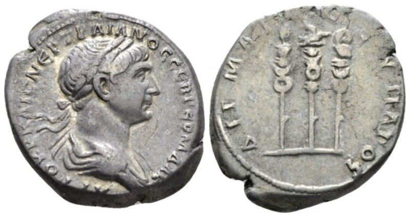 Trajan, 98-117 Tridrachm circa 112-114, AR 24.7mm., 10.69g. Laureate and draped ...