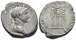 Trajan, 98-117 Tridrachm circa 112-114, AR 24.7mm., 10.69g. Laureate and draped bust r.Rev. Legionary aquila flanked by two standards, the one on the ...