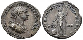 Trajan, 98-117 Denarius circa 114-117, AR 20mm., 3.01g. Laureate, draped and cuirassed bust r. Rev. Providentia standing l., pointing globe and holdin...