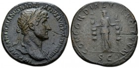 Hadrian, 117-138 Sestertius circa 119-121, Æ 35mm., 25.81g. Laureate bust r., with drapery on l. shoulder. Rev. Concordia standing facing, holding sta...