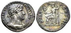 Hadrian, 117-138 Denarius circa 119-122, AR 20mm., 3.00g. Laureate, draped and cuirassed bust r. Rev. Roma seated l. holding in r. hand Victory and sc...