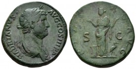 Hadrian, 117-138 Sestertius circa 134-138, Æ 32mm., 24.15g. Laureate and draped bust r. Rev. Pietas standing l., both hands raised in prayer at lighte...