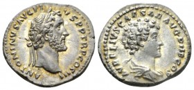 Antoninus Pius, 138-161 Denarius circa 140-144, AR 3.55mm., 3.14g. Laureate head of A. Pius r. Rev. Bare-head and draped bust of M. Aurelius r. C 22. ...