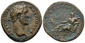 Antoninus Pius, 138-161 As circa 141-143, Æ 26mm., 11.84g. Laureate head r. Rev. Tiber reclining l., leaning on rocks, placing hand on boat and holdin...
