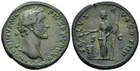 Antoninus Pius, 138-161 Sestertius circa 152-153, Æ 33mm., 24.96g. Laureate head r. Rev. Salus standing l., holding sceptre and feeding from patera se...