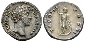 Marcus Aurelius Caesar, 139 – 161 Denarius circa 148-149, AR 19mm., 3.68g. Bare head r. Rev. Minerva standing r., holding spear in r. hand and resting...