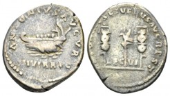 Marcus Aurelius, 161-180 Denarius circa 161-169, AR 21mm., 3.40g. Galley l. Rev. Legionary eagle between two standards. C M. Antonius 83. RIC 443.

...